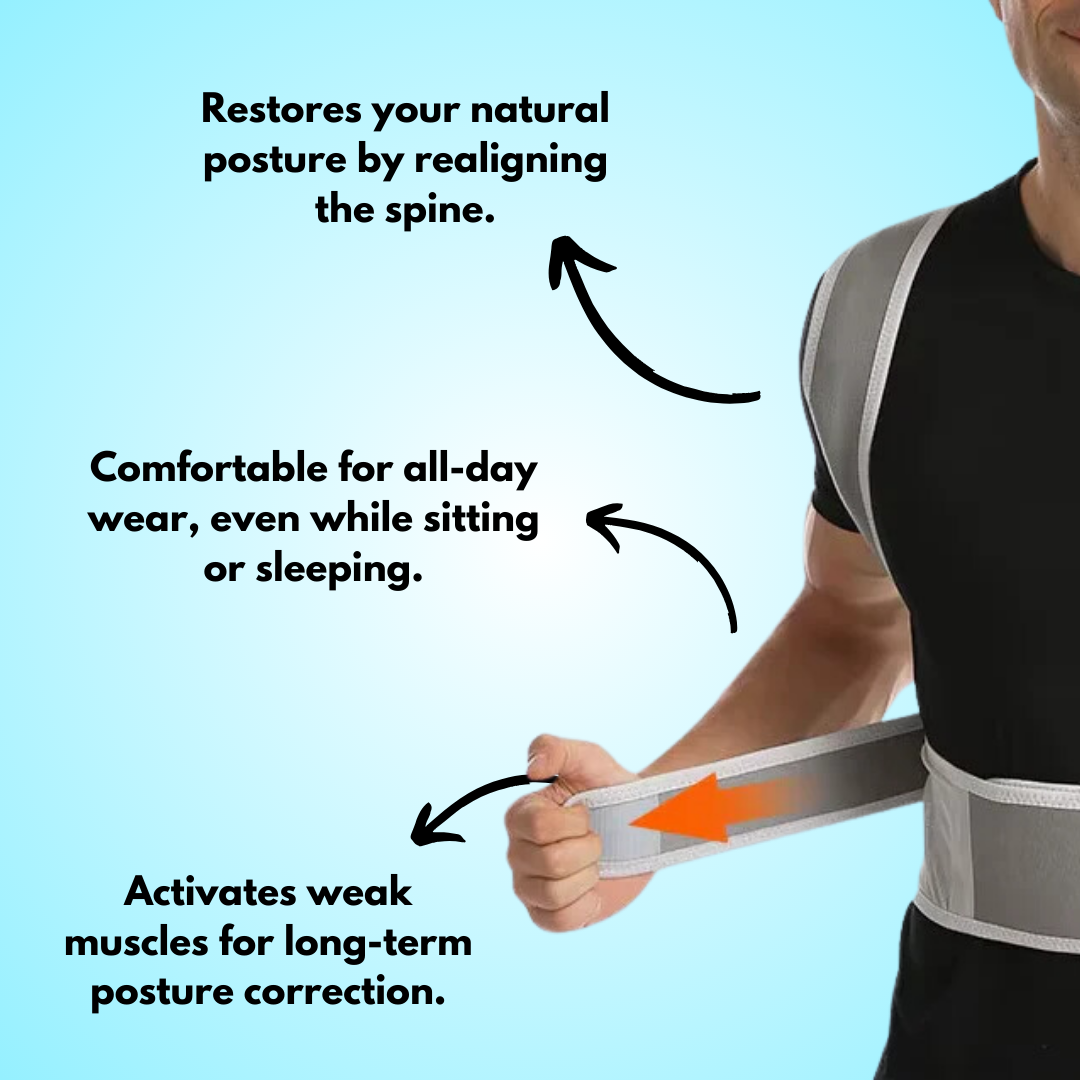 Man wearing a posture corrector with adjustable straps, promoting spinal realignment and all-day comfort, designed as a back brace for posture correction, back brace for bad posture, and a belt for supporting back.