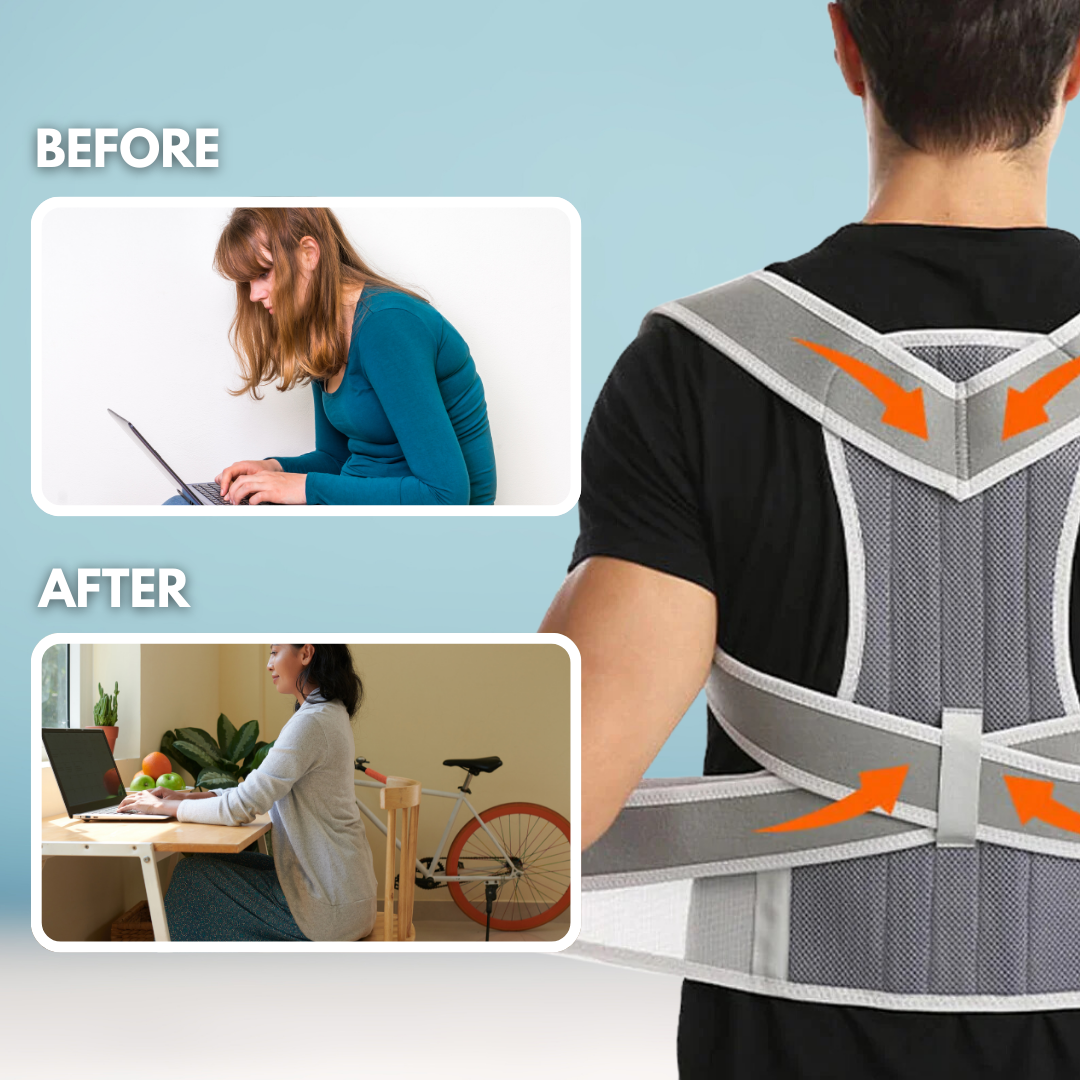 Before and after comparison showing improved posture with a posture corrector and back posture corrector, highlighting the benefits of a back brace for posture, back brace for bad posture, and belt for supporting back.