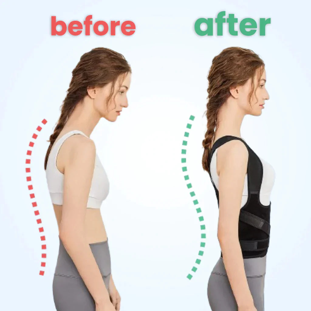 Before and after comparison of a woman using a posture corrector back brace, showing improved posture and spinal alignment. Effective back brace for posture correction and reducing poor posture.